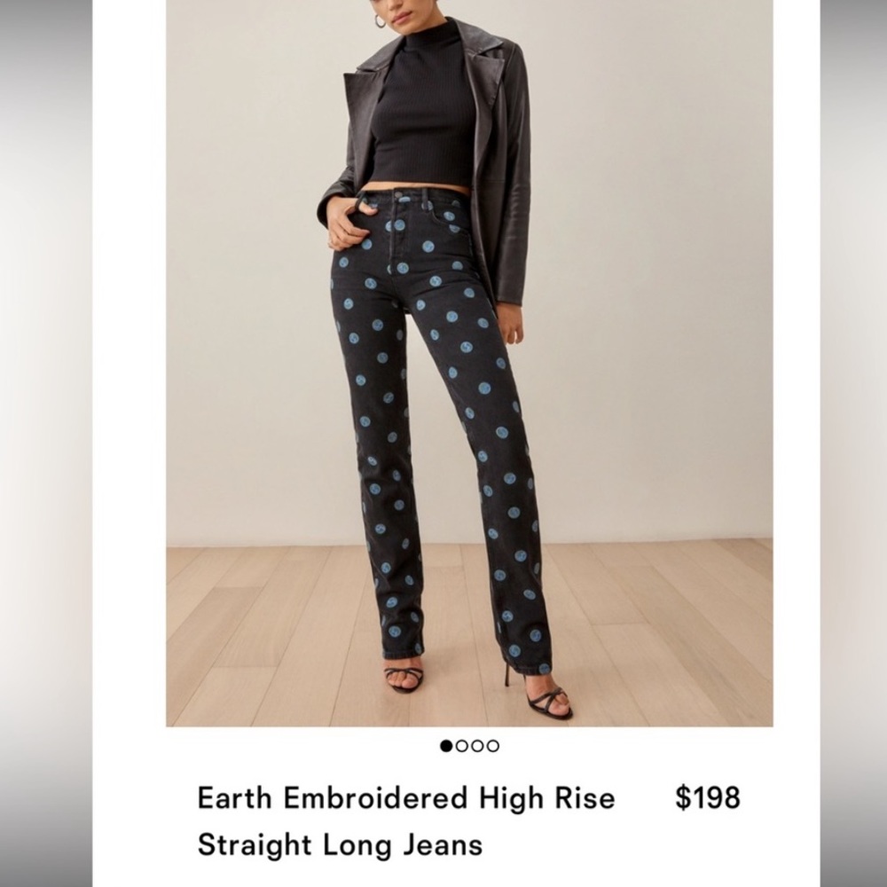 Reformation Earth Embroidered High Rise Straight Long Jeans